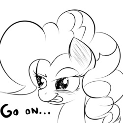 Size: 500x500 | Tagged: safe, artist:kinkyspree, pinkie pie, earth pony, pony, g4, black and white, bust, go on, grayscale, kinkie pie, lineart, monochrome, reaction image, solo, tongue out