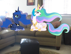Size: 1024x768 | Tagged: safe, artist:confusedninja132, princess celestia, princess luna, alicorn, pony, g4, couch, duo, duo female, female, irl, jewelry, looking around, mare, photo, ponies in real life, regalia, royal sisters, siblings, sisters, vector