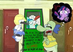 Size: 900x642 | Tagged: safe, artist:abigail m., twilight sparkle, g4, abuse, blondecai, bondage, crossover, crying, earth pony twilight, fanfic, fish hooks, floppy ears, male, regular show, story included, twilybuse, wat