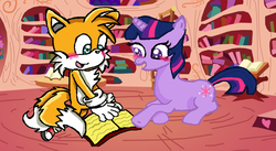 Size: 900x493 | Tagged: dead source, safe, artist:shanuchinchillaxx, twilight sparkle, g4, crossover, crossover shipping, female, interspecies, love, male, miles "tails" prower, shipping, sonic the hedgehog (series), straight, twitails