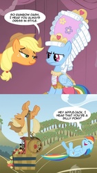 Size: 500x888 | Tagged: safe, edit, edited screencap, screencap, applejack, rainbow dash, pony, g1, g3, g4, comic, jewelry, rainbow dash always dresses in style, screencap comic, seven songs and a story, silly, silly pony, take that, tiara, unamused, who's a silly pony, wig