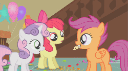Size: 500x281 | Tagged: safe, screencap, apple bloom, scootaloo, sweetie belle, call of the cutie, g4, animated, cookie, cutie mark crusaders, female