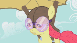 Size: 500x281 | Tagged: safe, screencap, apple bloom, earth pony, pony, call of the cutie, g4, animated, female, glider, goggles, hang glider, solo, windswept mane, windswept tail