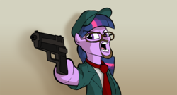 Size: 1000x541 | Tagged: safe, artist:willdrawforfood1, twilight sparkle, pony, g4, beard, clothes, facial hair, female, glasses, gun, hat, nostalgia critic, solo, suit