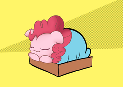 Size: 1200x844 | Tagged: dead source, safe, artist:willdrawforfood1, pinkie pie, earth pony, pony, g4, box, female, garfield, pony in a box, sleeping, solo