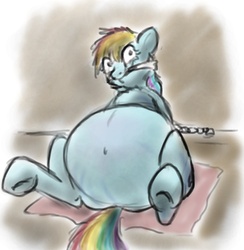 Size: 800x820 | Tagged: safe, artist:redintravenous, rainbow dash, g4, belly, big belly, chains, cleave gag, fat, rainblob dash, story in the source, weight gain
