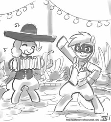 Size: 909x1000 | Tagged: safe, artist:johnjoseco, pinkie pie, rainbow dash, g4, accordion, accordion thief, costume, crossover, dancing, disco bandit, grayscale, hat, kingdom of loathing, mask, monochrome, musical instrument