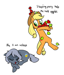 Size: 825x964 | Tagged: safe, artist:furseiseki, applejack, oc, oc:sleepyhead, pony, g4, apple, bipedal, simple background, that pony sure does love apples, white background