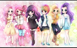 Size: 988x621 | Tagged: safe, artist:geegeet, applejack, fluttershy, pinkie pie, rainbow dash, rarity, twilight sparkle, human, g4, clothes, dress, humanized, mane six, skirt