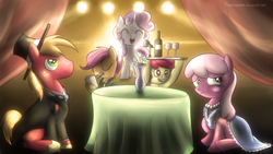 Size: 1280x720 | Tagged: safe, artist:fongsaunder, apple bloom, big macintosh, cheerilee, scootaloo, sweetie belle, earth pony, pony, g4, alcohol, apple bloom the shipper, bottle, clothes, cutie mark crusaders, dress, eyes closed, flower, glass, hat, male, microphone, mouth hold, notepad, pencil, scootaloo the shipper, shipper on deck, stallion, sweetie the shipper, table, tablecloth, tuxedo, vase