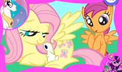 Size: 391x230 | Tagged: safe, angel bunny, fluttershy, princess celestia, scootaloo, spike, twilight sparkle, g4, official, adventures in ponyville, sparkly mane, stock vector