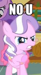 Size: 165x302 | Tagged: safe, edit, edited screencap, screencap, diamond tiara, earth pony, pony, call of the cutie, g4, caption, female, frown, glare, gritted teeth, image macro, mare, meme, no u, pointing, solo focus, text