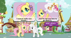 Size: 750x401 | Tagged: safe, screencap, applejack, fluttershy, pinkie pie, oc, g4, official, adventures in ponyville