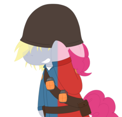 Size: 900x856 | Tagged: safe, artist:insecureflaky, derpy hooves, pinkie pie, pegasus, pony, g4, female, mare, ponified, simple background, soldier, soldier (tf2), team fortress 2, transparent background, two sides