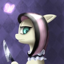 Size: 800x800 | Tagged: safe, artist:lyralicious, fluttershy, butterfly, pony, g4, alice: madness returns, crossover, cuttershy, emoshy, floppy ears, goth, knife, looking back, profile, solo, vorpal blade