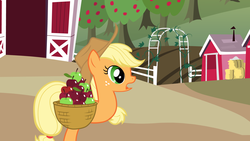 Size: 1600x900 | Tagged: safe, applejack, earth pony, pony, g4, official, adventures in ponyville, animation error, applejack's apple harvest, appleworm, female, solo