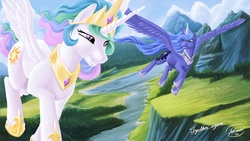 Size: 1920x1080 | Tagged: safe, artist:joshcraven, princess celestia, princess luna, g4, duo, flying, sisters