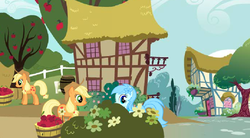 Size: 640x354 | Tagged: safe, applejack, earth pony, pony, g4, adventures in ponyville, apple, apple tree, bucket, clone, female, flower, flower in hair, food, game screencap, glitch, house, implied changeling, mare, ponyville, self paradox, self ponidox, smiling, tree