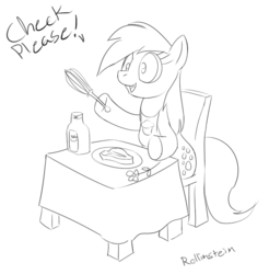 Size: 651x662 | Tagged: safe, artist:rollinstein, derpy hooves, pegasus, pony, g4, female, mare, meat, ponies eating meat, steak, whisk