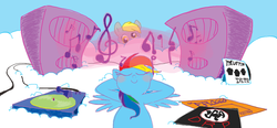 Size: 986x459 | Tagged: safe, artist:burrburro, derpy hooves, rainbow dash, pegasus, pony, g4, black flag, cloud, dirty rotten imbeciles, female, mare, music, record player, speaker