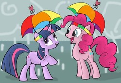 Size: 778x534 | Tagged: safe, artist:mast88, pinkie pie, twilight sparkle, g4, duo, hat, umbrella, umbrella hat