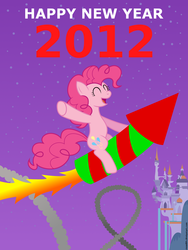 Size: 1275x1700 | Tagged: safe, artist:evaxilth, pinkie pie, earth pony, pony, g4, 2012, canterlot, female, fireworks, flying, happy new year, mare, new year, night, riding, rocket