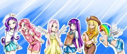 Size: 900x386 | Tagged: safe, artist:yelowfox, applejack, fluttershy, pinkie pie, rainbow dash, rarity, twilight sparkle, human, g4, bare shoulders, belly button, blushing, clothes, crossed arms, cute, dress, eyes closed, front knot midriff, humanized, looking at you, mane six, midriff, skirt, smiling, winged humanization
