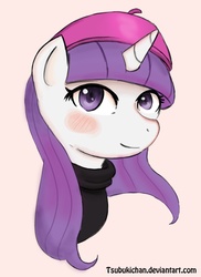 Size: 1200x1646 | Tagged: safe, artist:tsubukisan, rarity, pony, g4, beatnik rarity, beret, bust, clothes, female, hat, looking at you, portrait, solo, sweater