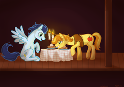 Size: 1280x905 | Tagged: safe, artist:purmu, braeburn, soarin', pegasus, pony, g4, blushing, candle, date, food, gay, male, old cutie mark, pie, ship:soarburn, shipping, stallion