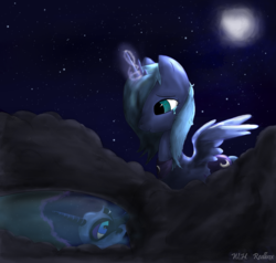 Size: 1627x1546 | Tagged: safe, artist:brony2you, artist:redbox, nightmare moon, princess luna, g4, duality, duo, magic, moon, night, reflection, s1 luna, stars, water