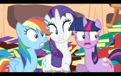 Size: 1680x1050 | Tagged: safe, screencap, rainbow dash, rarity, twilight sparkle, dragon quest, g4, hub logo, trio, youtube caption