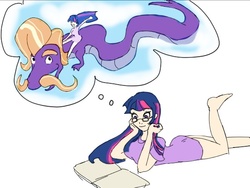 Size: 599x451 | Tagged: dead source, safe, artist:littlepirate, steven magnet, twilight sparkle, sea serpent, g4, crossover, glasses, humanized, imagination, prone, riding, simple background, the neverending story, thought bubble, twilight riding steven magnet, white background
