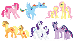 Size: 1800x1021 | Tagged: safe, artist:cartoonlion, applejack, fluttershy, pinkie pie, rainbow dash, rarity, twilight sparkle, earth pony, pegasus, pony, unicorn, g4, comparison, mane six, simple background, style comparison, unicorn twilight, white background