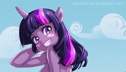 Size: 700x402 | Tagged: safe, artist:bloocarrot, twilight sparkle, anthro, g4, ambiguous facial structure