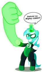 Size: 900x1500 | Tagged: safe, artist:furboz, lyra heartstrings, pony, unicorn, g4, bipedal, clothes, costume, crossover, female, green lantern, green lantern corps, hand, horn, horn ring, magic, simple background, solo, transparent background