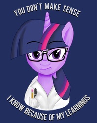 Size: 1125x1425 | Tagged: safe, artist:onipolice, twilight sparkle, pony, g4, clothes, coat, female, glasses, looking at you, pencil, solo, text
