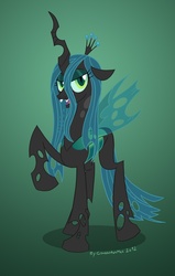 Size: 827x1299 | Tagged: safe, artist:gonzahermeg, queen chrysalis, changeling, changeling queen, g4, crown, fangs, female, frown, green background, jewelry, open mouth, raised hoof, regalia, signature, simple background, solo, standing