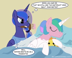 Size: 797x640 | Tagged: safe, artist:gonzahermeg, princess celestia, princess luna, alicorn, pony, g4, angry, bed, blanket, clothes, doll, female, mare, mouth hold, paint, paint on fur, painting characters, pillow, pinklestia, prank, shirt, sleeping, sun, this will end in tears and/or a journey to the moon, unamused