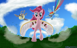 Size: 2000x1250 | Tagged: safe, artist:deathpwny, derpy hooves, pinkie pie, rainbow dash, earth pony, pegasus, pony, g4, bipedal, female, flying, mare, trio, wings