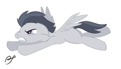 Size: 1000x566 | Tagged: safe, artist:postscripting, rumble, pony, g4, colt, fast flying, flying, male, solo, struggling