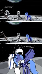 Size: 827x1459 | Tagged: safe, artist:jhonnyrebel, artist:miketheuser, edit, princess luna, alicorn, human, pony, g4, apollo (spacecraft), astronaut, comic, cute, eyes closed, happy, hug, luna and the nauts, moon, moon landing, neil armstrong, s1 luna, smiling, spread wings, standing