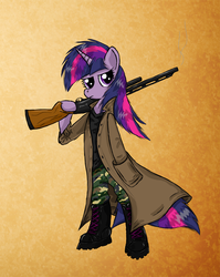 Size: 895x1126 | Tagged: safe, artist:ninjapony, twilight sparkle, semi-anthro, g4, clothes, female, gun, shotgun, solo, trenchcoat