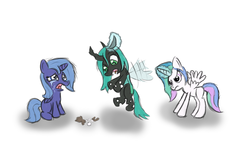 Size: 1229x721 | Tagged: safe, artist:ninjapony, princess celestia, princess luna, queen chrysalis, changeling, changeling queen, nymph, pony, g4, broken, cewestia, crying, cute, cutealis, doll, female, filly, flying, frown, glare, magic, open mouth, spread wings, telekinesis, woona