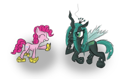 Size: 1191x744 | Tagged: safe, artist:ninjapony, pinkie pie, queen chrysalis, changeling, changeling queen, g4, cheeselegs, female