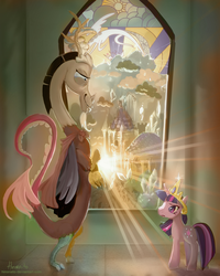Size: 720x900 | Tagged: safe, artist:hinoraito, discord, twilight sparkle, g4, broken glass, cape, clothes, crown, light, stained glass