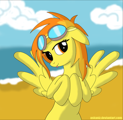 Size: 1000x977 | Tagged: safe, artist:askaniz, spitfire, pony, g4, beach, bipedal, female, goggles, solo, tongue out
