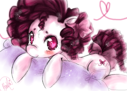 Size: 700x500 | Tagged: safe, artist:ritsuneko69, oc, oc only, earth pony, pony, 2012, beanbrows, bow, eyebrows, female, hair bow, heart, heart eyes, lying down, magenta eyes, pillow, pink eyes, prone, ringlets, signature, simple background, solo, tail, tail bow, white background, wingding eyes