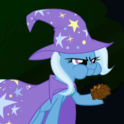 Size: 1000x1000 | Tagged: safe, artist:graphic-lee, trixie, pony, g4, cape, clothes, eating, female, hat, herbivore, pinecone, puffy cheeks, solo, trixie eating pinecones, trixie's cape, trixie's hat