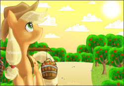 Size: 1000x692 | Tagged: safe, artist:amirah-the-cat, applejack, earth pony, pony, g4, cottagecore, female, looking back, looking up, solo, sun, tree