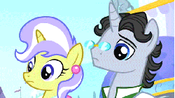 Size: 560x315 | Tagged: safe, screencap, jet set, upper crust, pony, g4, sweet and elite, animated, blinking, duo, glasses, looking at each other, loop, reaction image, skunk stripe